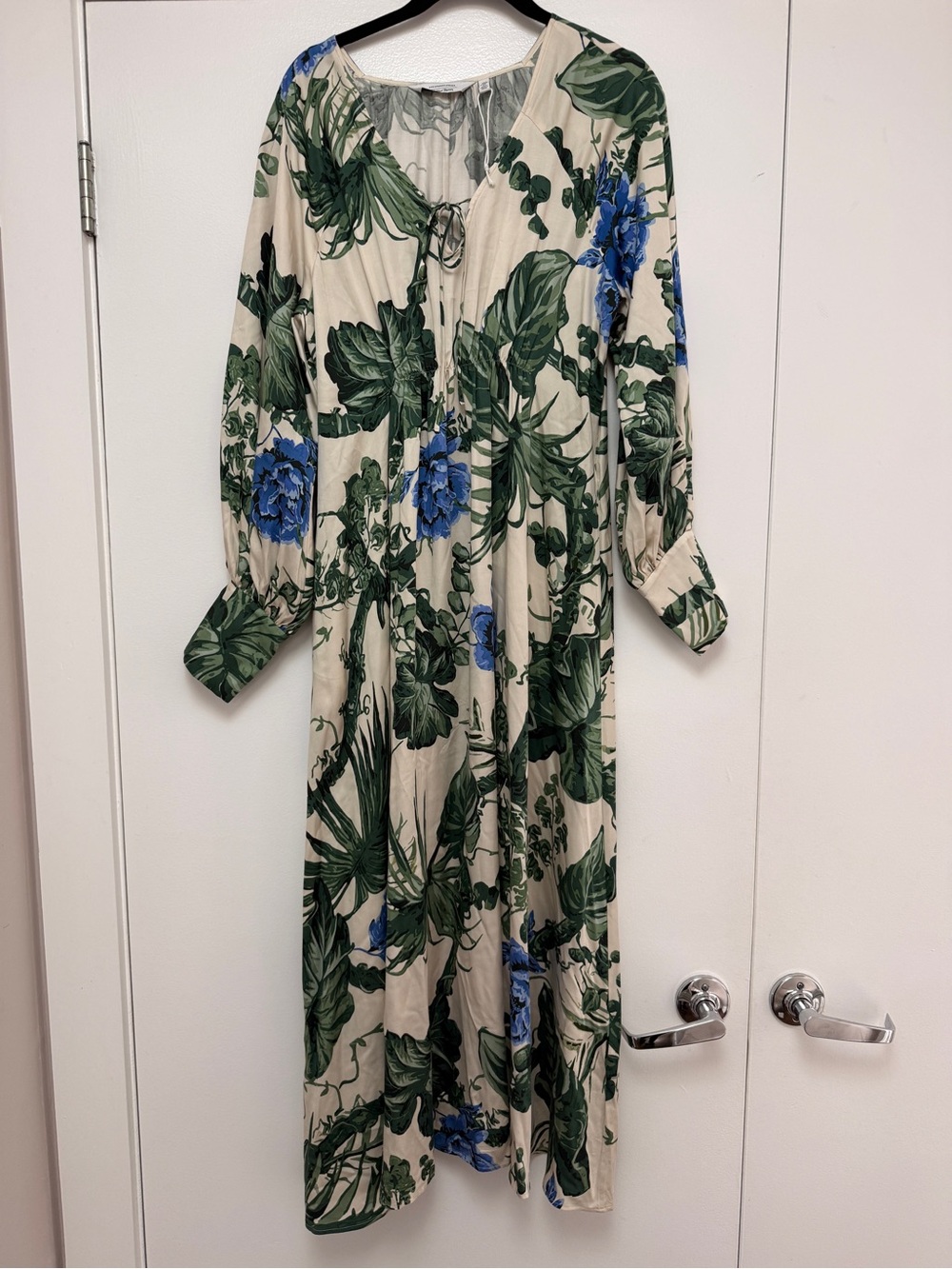 & Other Stories Cream Maxi Dress with Green Leaves and Blue Flowers